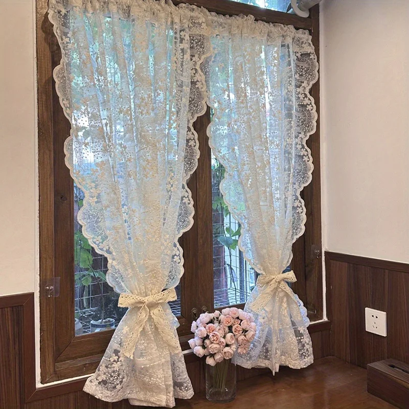 Transparente Spitzengardine Vintage Blumenmuster Schlafzimmer Elegante Viktorianische Wellenrandige Kanten Wohnzimmer Küche Tüll-Fenstergardinen mit Stangeneinsatz Image