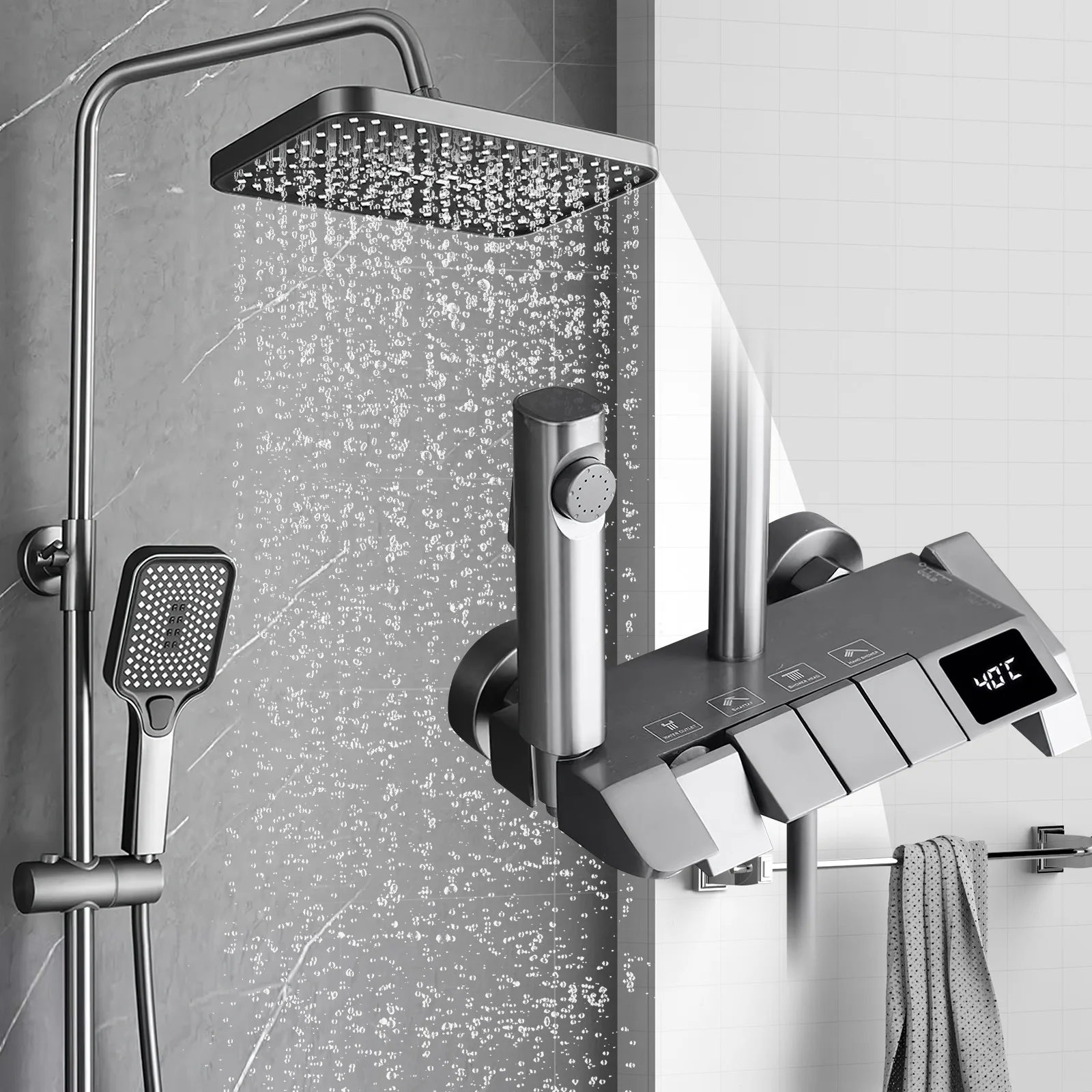 Smart Digital Display Dusche Wasserhahn Set Klavier Stil Regen Badezimmer Dusche System Grau Digital Mischbatterie Bidet Dusche