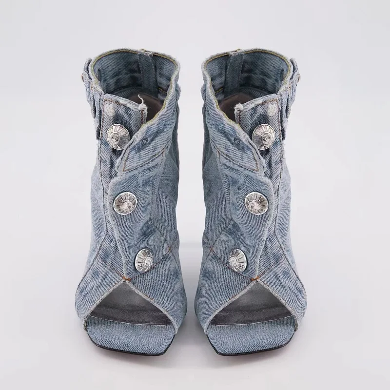 Peep Toe Sandalen Sommer brandneue Tasche Design klassische blaue Denim Frauen Schnalle Sandalen Stöckel absatz Frau Schuhe Größe 43
