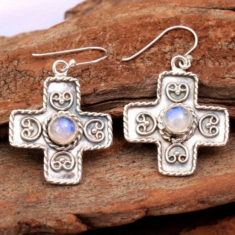 Böhmische Kreuzförmige Synthetische Mondstein-Ohrhänger für Damen Vintage Exquisiter Schmuck für Bankette und Urlaub Image