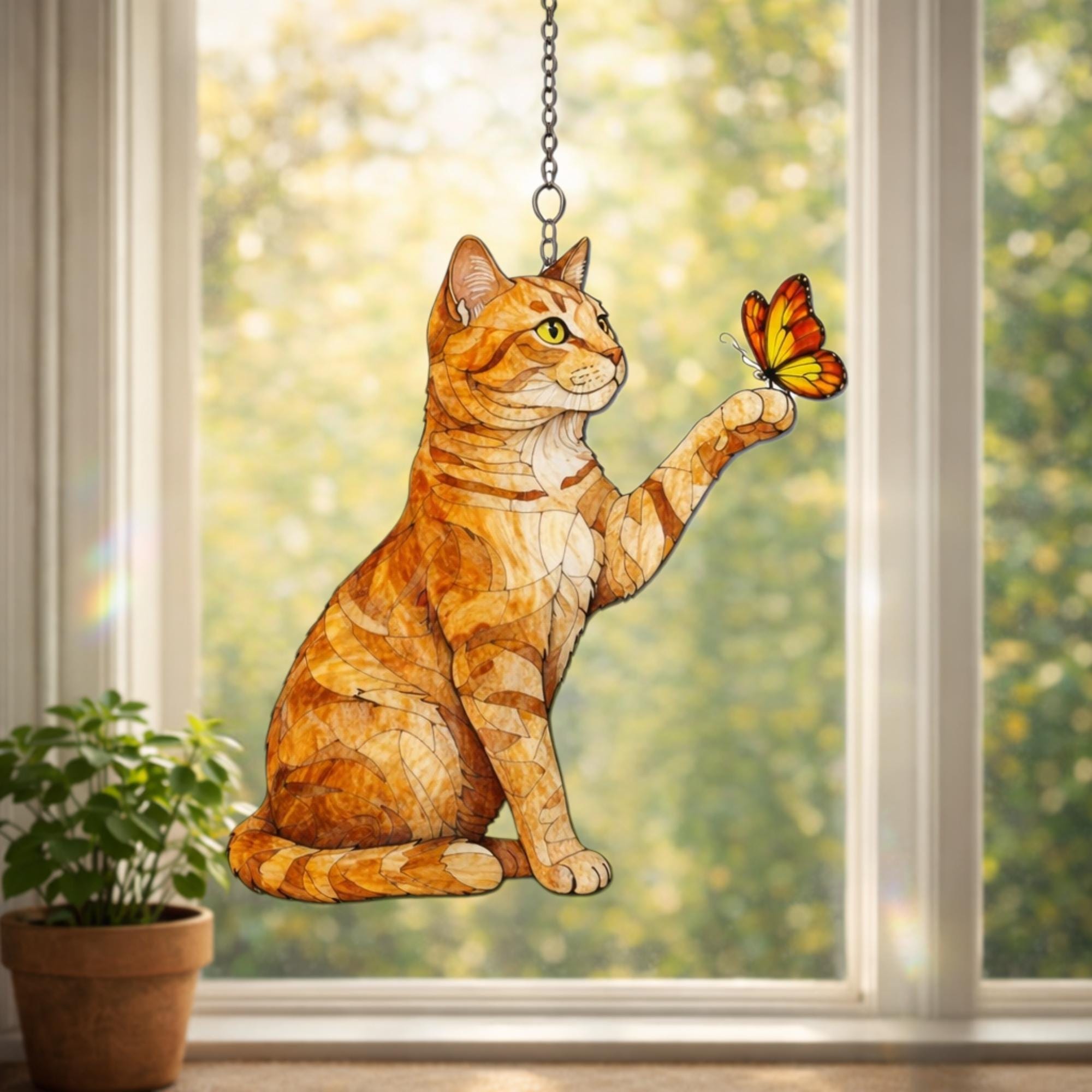 Acchiappasole in acrilico a forma di gatto con farfalla, regalo per gli amanti dei gatti, acchiappasole da appendere alla finestra a forma di gatto ro