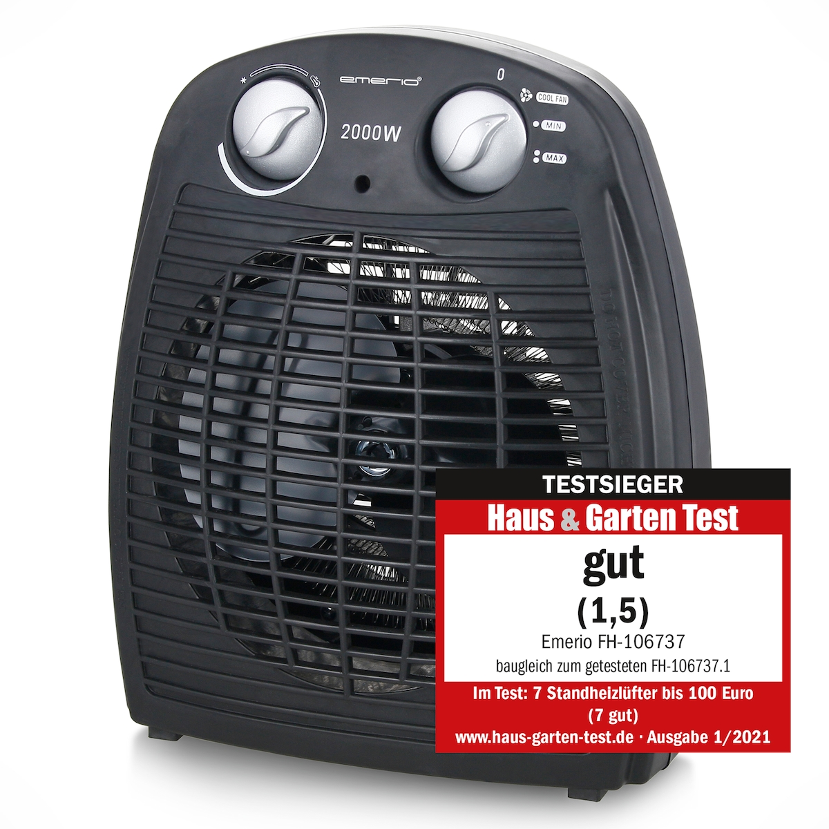 Emerio Heizlüfter FH-106737.2 – 25m² – 2 Heizstufen – Ventilationsfunktion – einstellbarer Thermostat – Kontrollleuchte – Kippschutz – Schwarz - 2000W Image