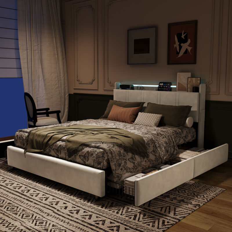 Cjhxe Letto Imbottito, Letto Matrimoniale, 140 X 200 Cm Con 4 Cassetti, Con Porta Usb, Letto Contenitore Con Rete A Doghe, Letto Matrimoniale Per Adulti E Adolescenti