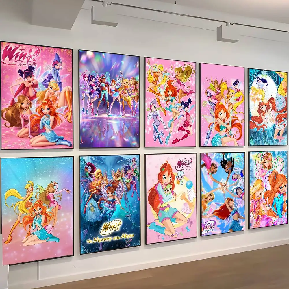 Poster artistico autoadesivo Cartoon W-Winx Cute Club, stampe su carta bianca, poster artistici, opere d'arte estetiche, pittura murale artistica