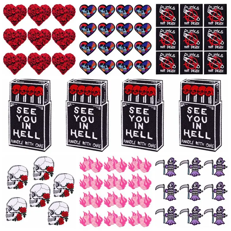Prajna 10 pezzi toppe ricamate con teschio sui vestiti giacca cucire adesivo da stiro Patch Punk cuore ferro sulle toppe per abbigliamento fai da te