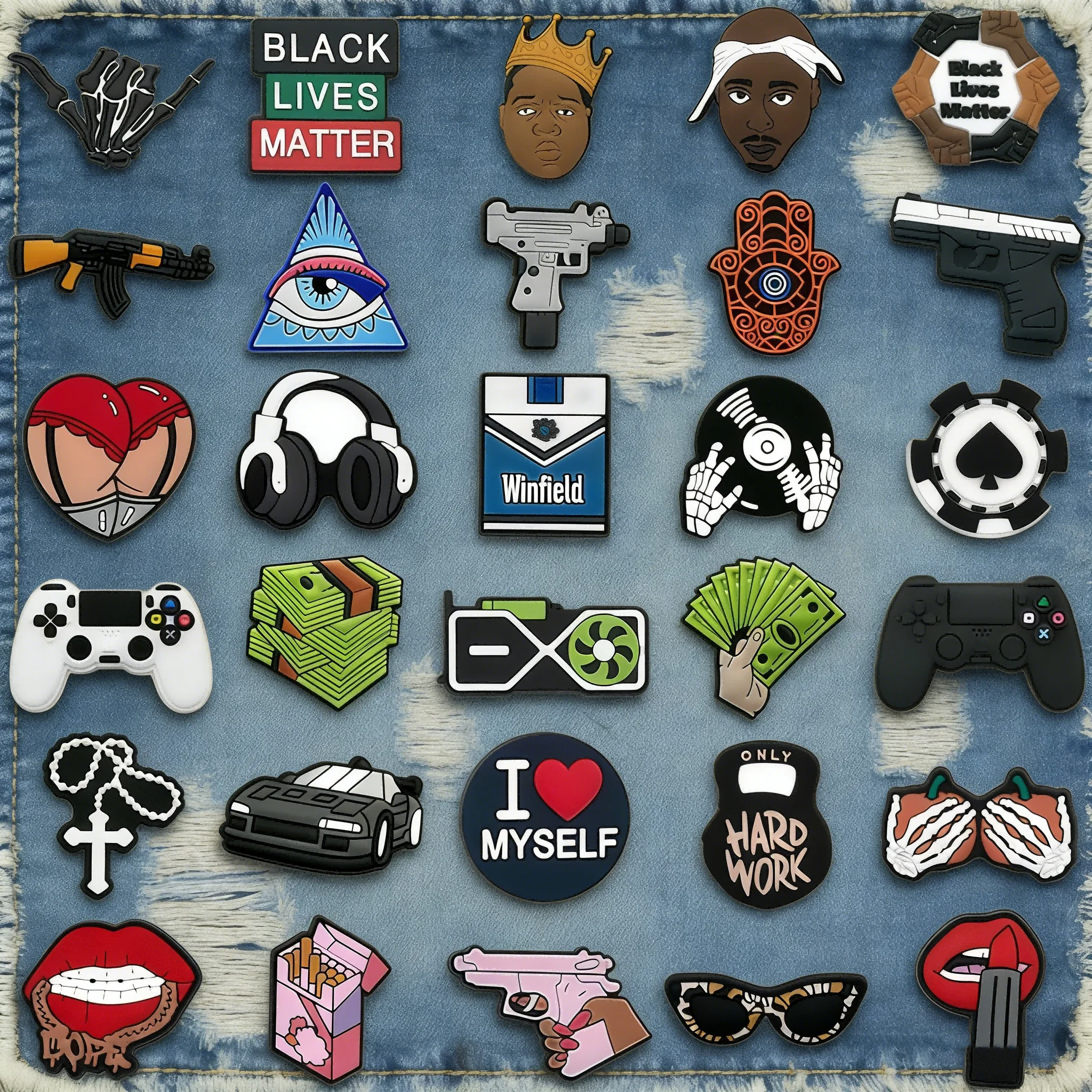 1/30 pz. Charms per Scarpe con Cappuccio e Pistola, Accessori per Scarpe da Uomo e Ragazzo, Spille alla Moda HipHop, Clogs con Ciondoli a Forma di Cantante, Controller di Gioco, Dollaro, Fibbia
