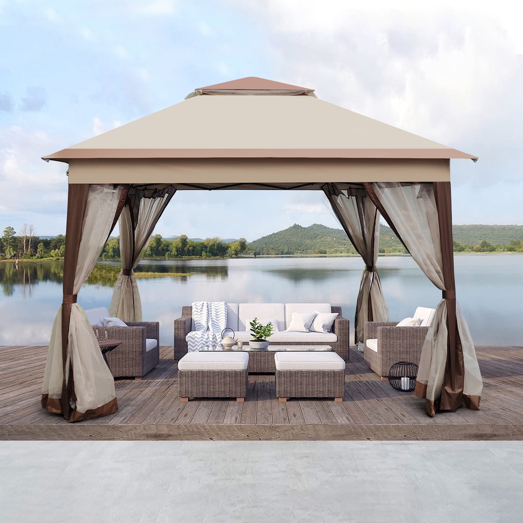 Outdoor Pop Up Gazebo with Removable Zipper Netting, 2-Tier Soft Top Event Tent Patio Shed, 11x 11 FT Heavy Duty Party Tent