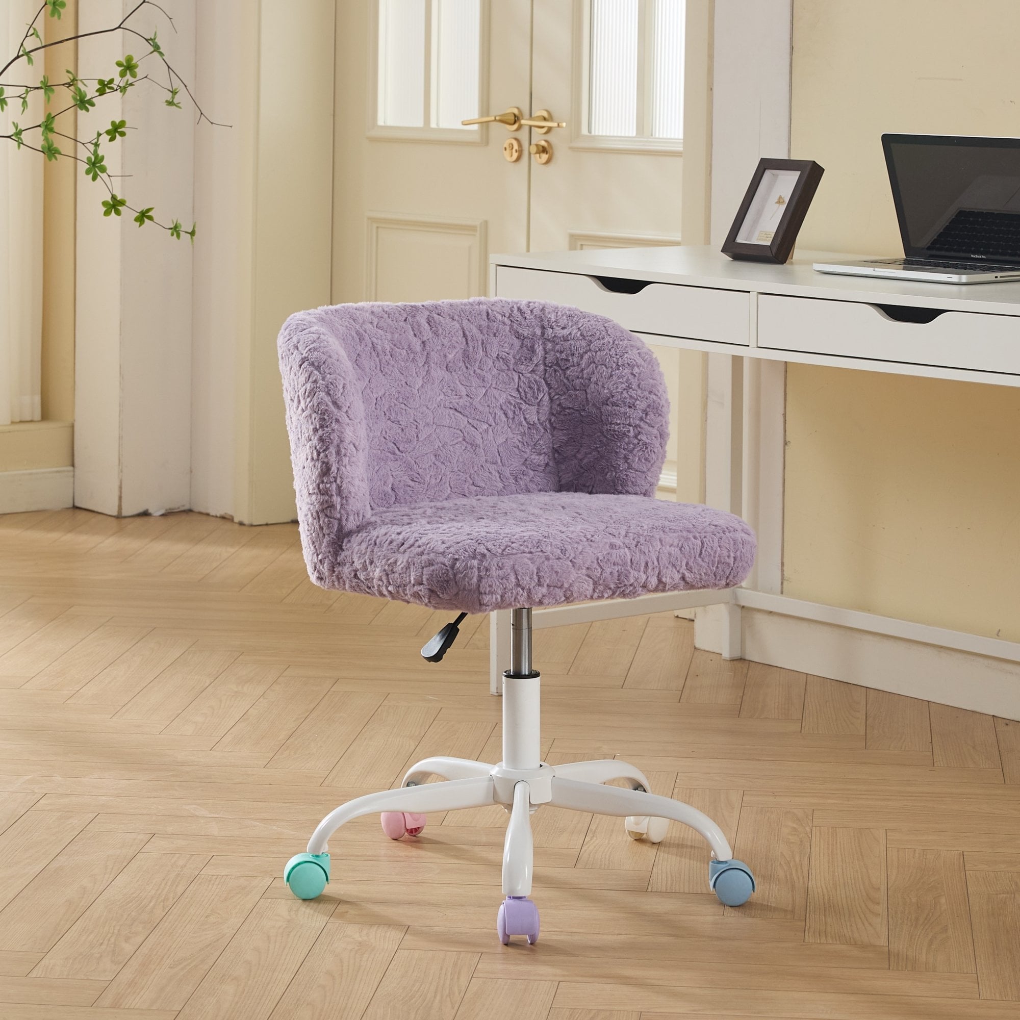 Artificial rabbit hair Home Office Chair Adjustable Swivel Office Chair Dressing Chair with Metal Base, Violet