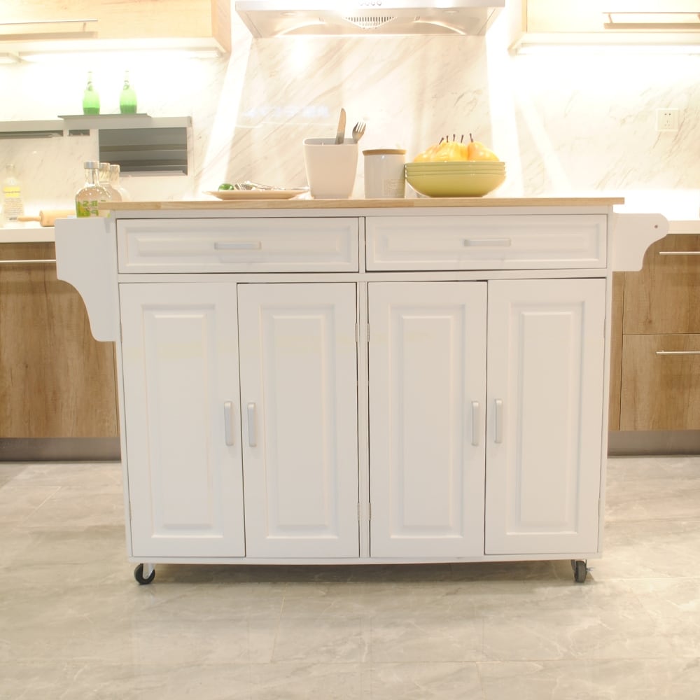 Kitchen Island & Kitchen Cart, Mobile Kitchen Island, Rubber Wood Top, Big & Adjustable Shelf Inside Cabinet