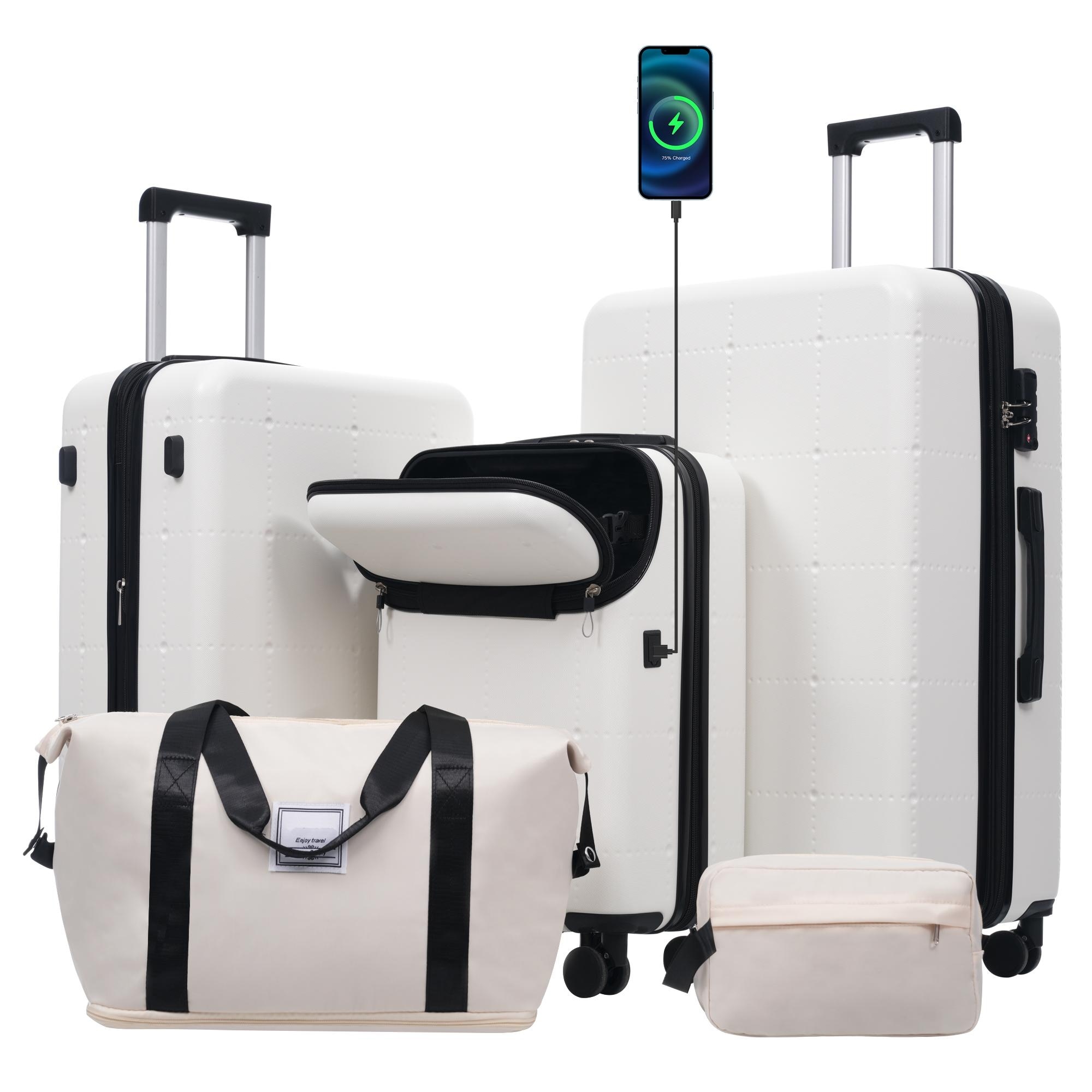 Hardside Luggage Set 5 Piece with Bags, 20IN Half-opening Carry on Luggage with USB Port, 24IN 28IN Luggage with Double Wheels