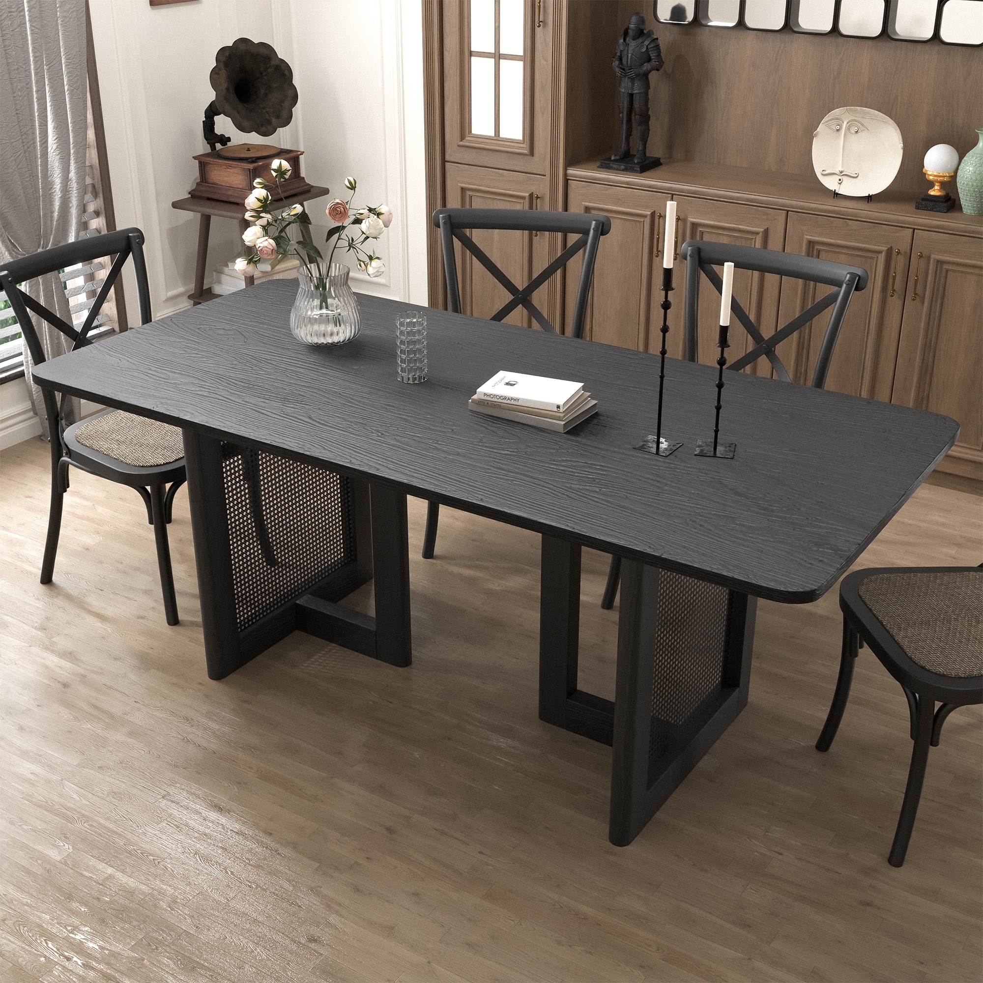 Farmhouse Kitchen Dining Room Table Furniture Square Kitchen Table with Rattan Woven Legs for Kitchen Bar Living Room