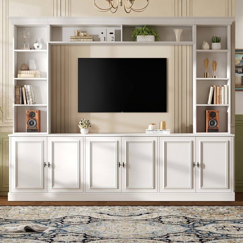 4-Piece Wall Unit Entertainment Center with Bookshelf for TVs Up to 70", Mid-Century Modern 97.4" TV Stand with Adjustable Shelf