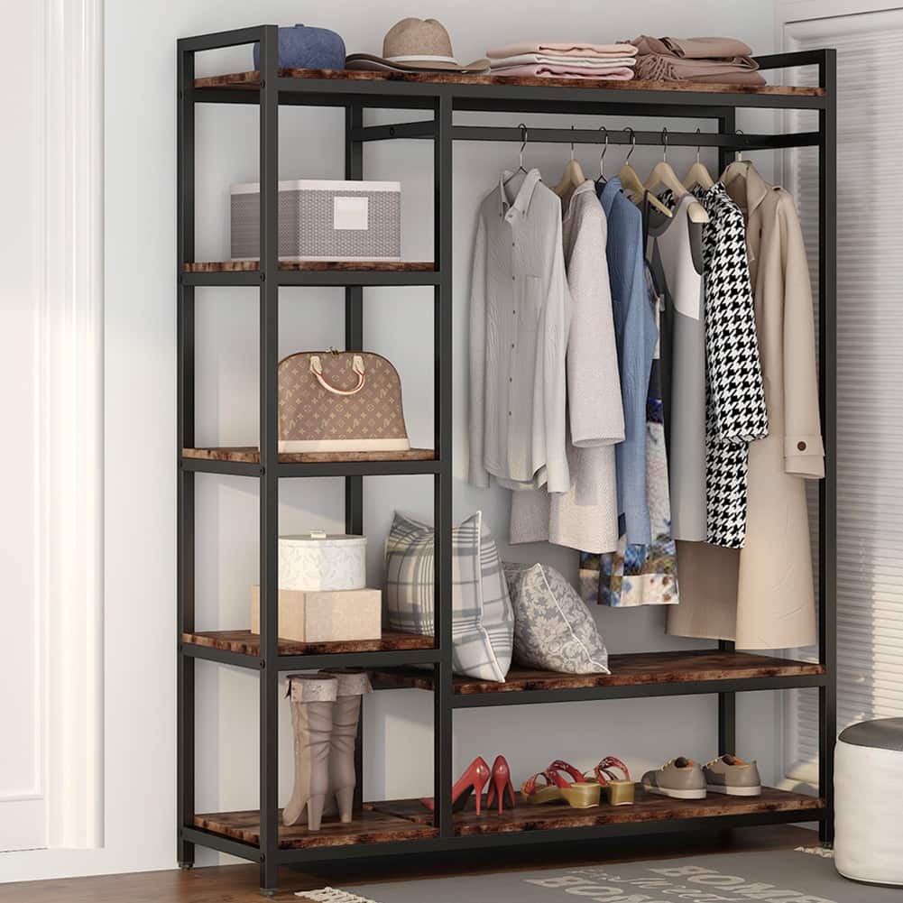 Industrial Clothing rack with shelves, 5-Tier Heavy Duty Garment Rack Closet Organizer System with Hanging Rod