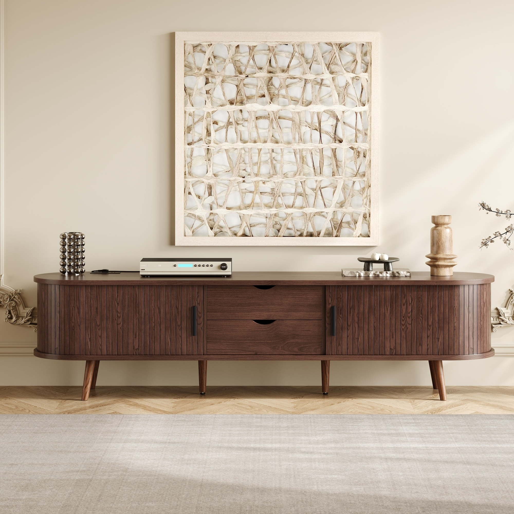 70 Inch Mid Century Modern TV Stand, TV Stand for 80 Inch TV, TV Stand with Tambour Doors, Drawers and Power Outlet