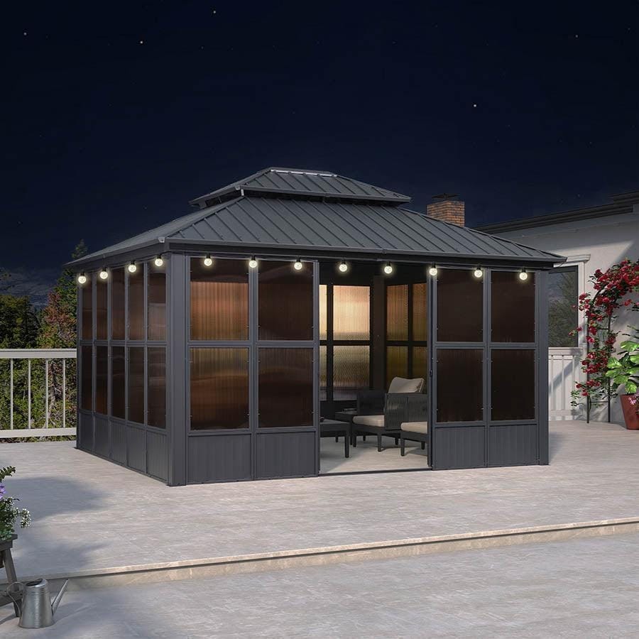PURPLE LEAF Double Top Sunroom Outdoor Grey All-Weather Screen House Patio Hardtop Gazebo