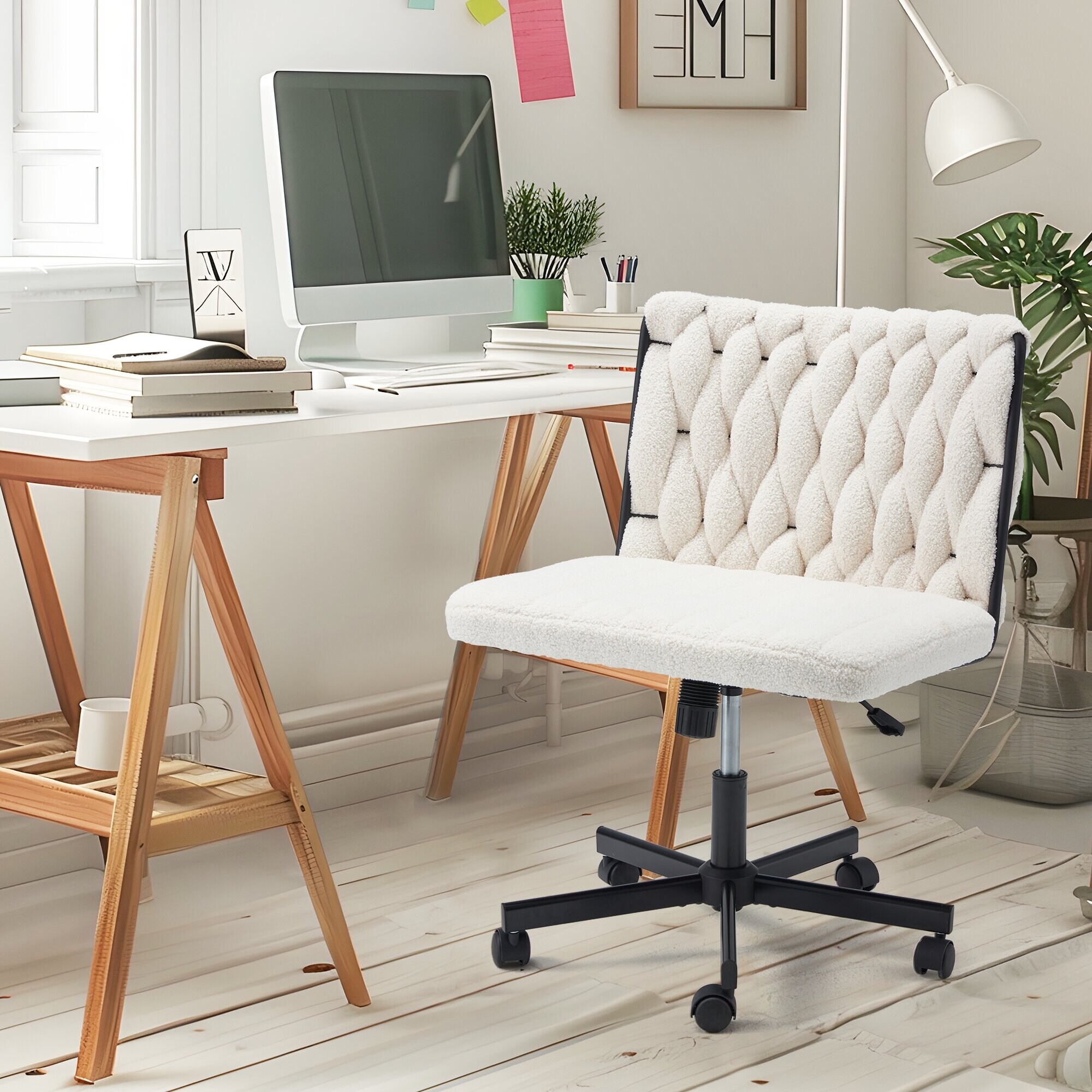 EROMMY Cross Legged Office Chair，Armless Criss Cross Chair with Wheels，Height Adjustable for Office, Bedroom, Living Room