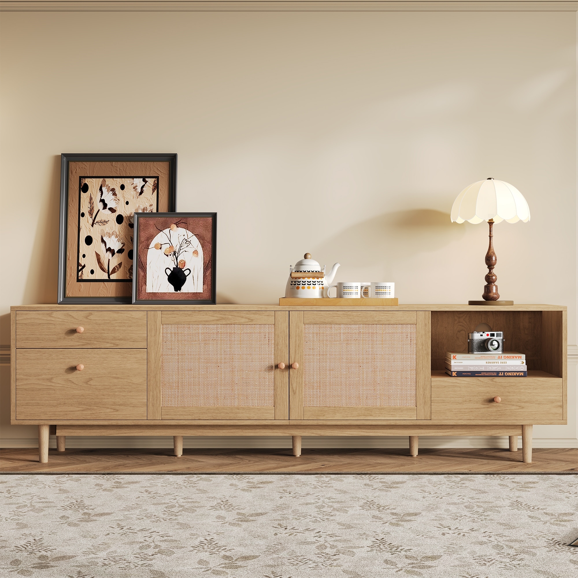 Boho TV Stand for 65/75/85 Inch TV, Rattan Television Cabinet Wood Media Storage Cabinet TV Console, Natural