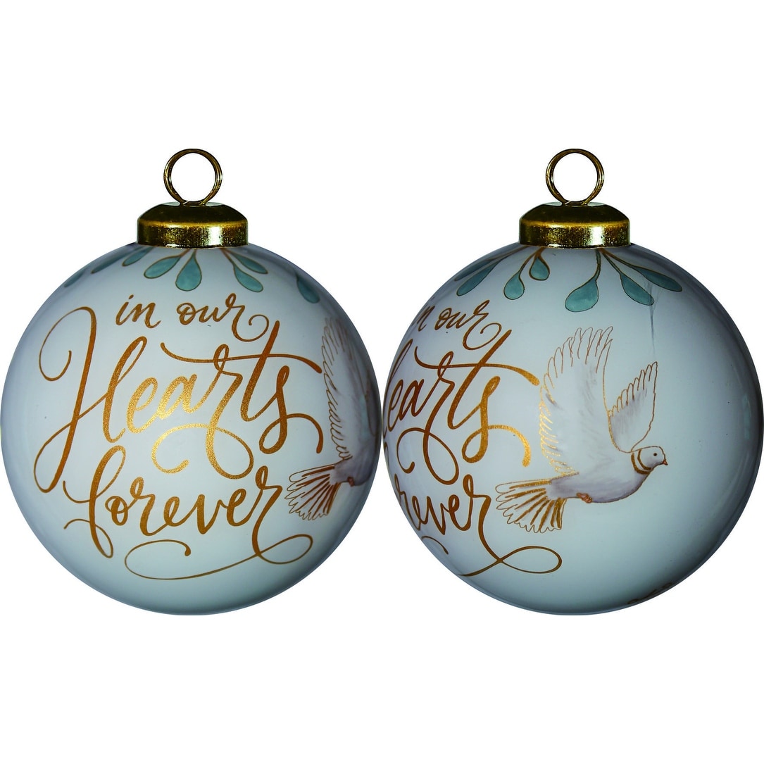 White and Gold In Our Hearts Forever Hand Painted Mouth Blown Glass Ornament - 3" x 3" x 3"