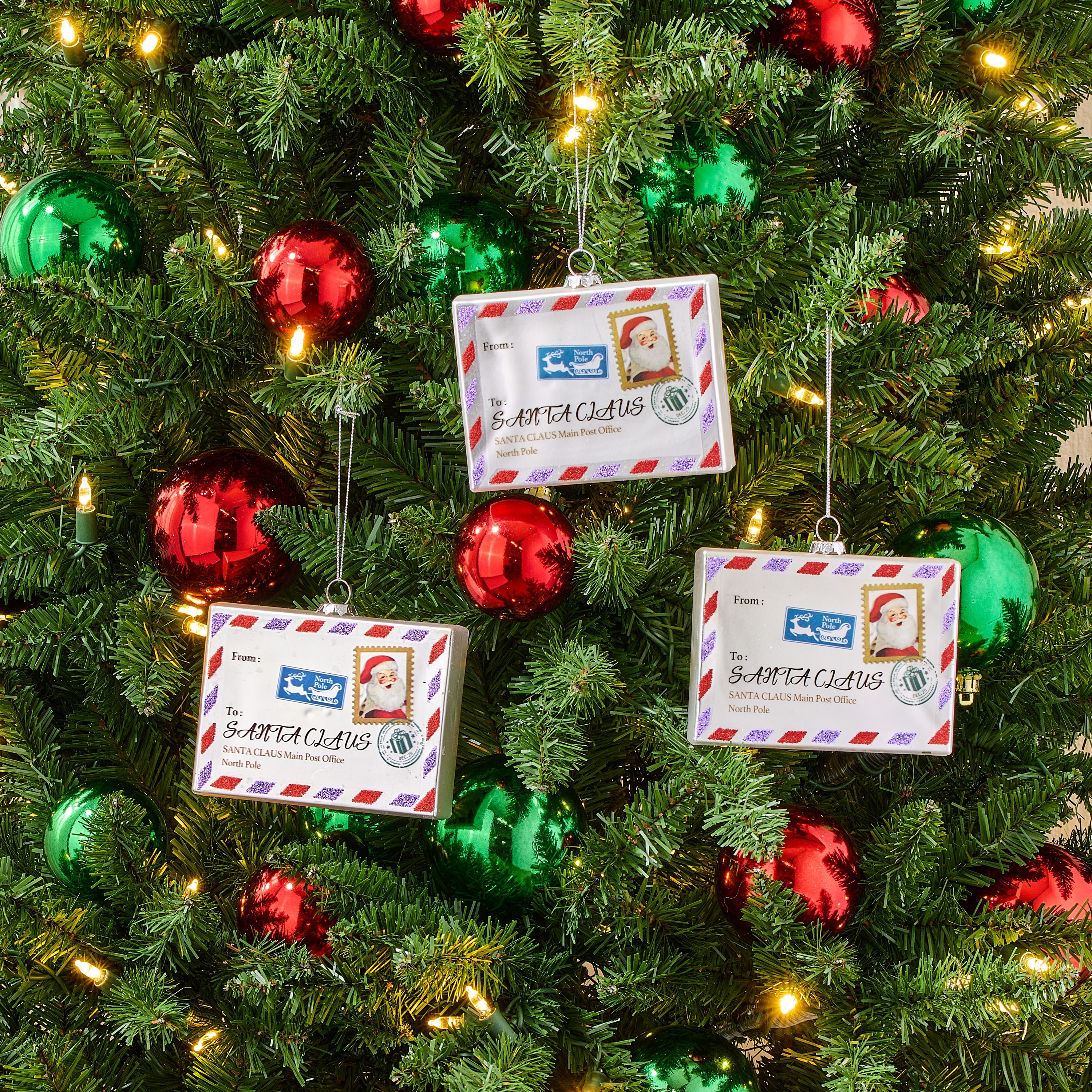 4.25" Glass "Santa Claus" Post Card Ornament Set of 3