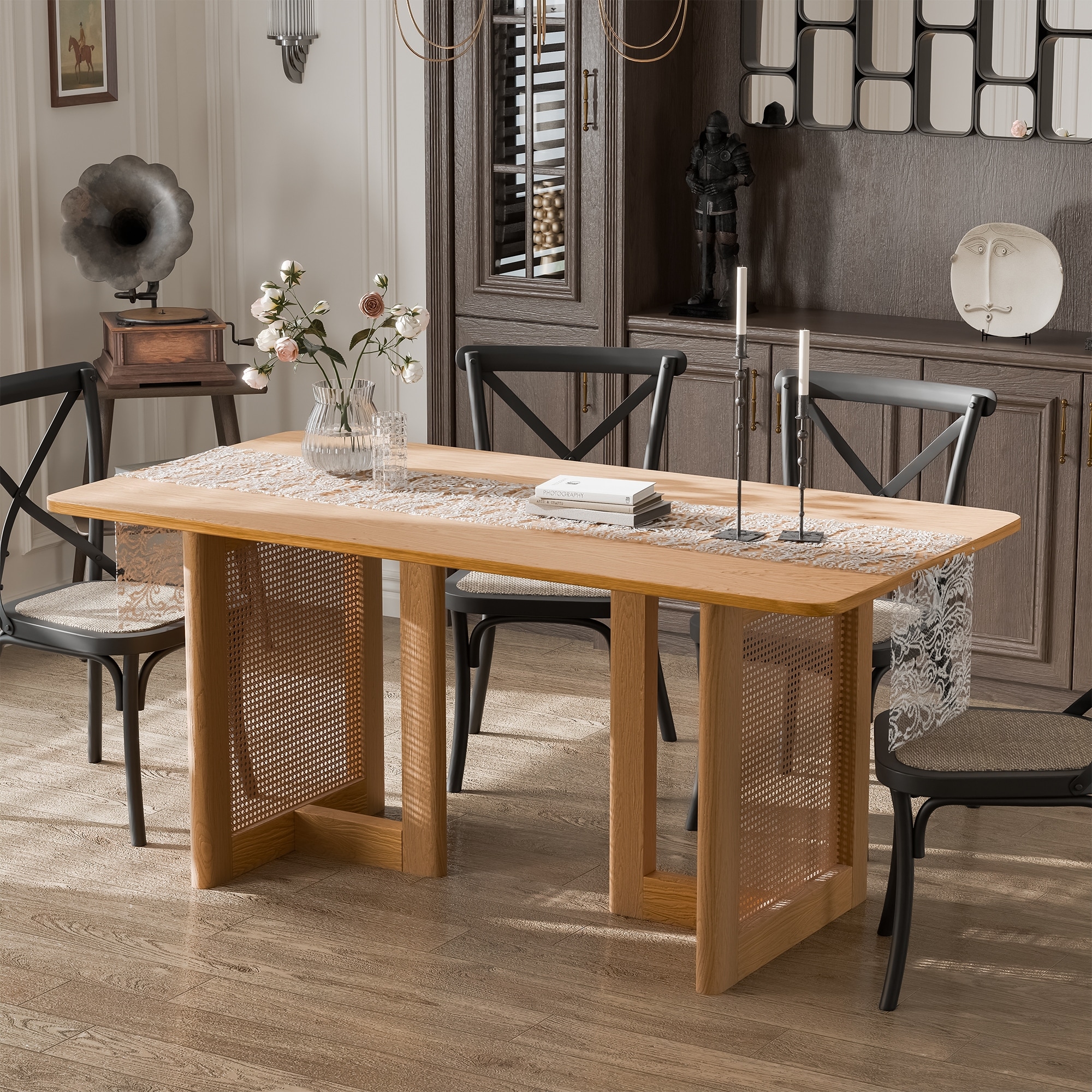 Farmhouse Kitchen Dining Room Table Furniture Square Kitchen Table with Rattan Woven Legs for Kitchen Bar Living Room