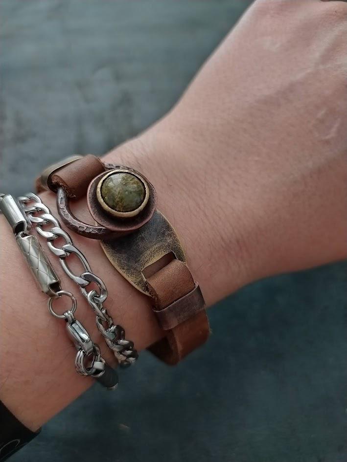 Bracciale da uomo in pelle con pietre preziose Bracciale da uomo in pelle Bracciale in rame Bracciale marrone Bracciale in pelle per uomo Bracciale in