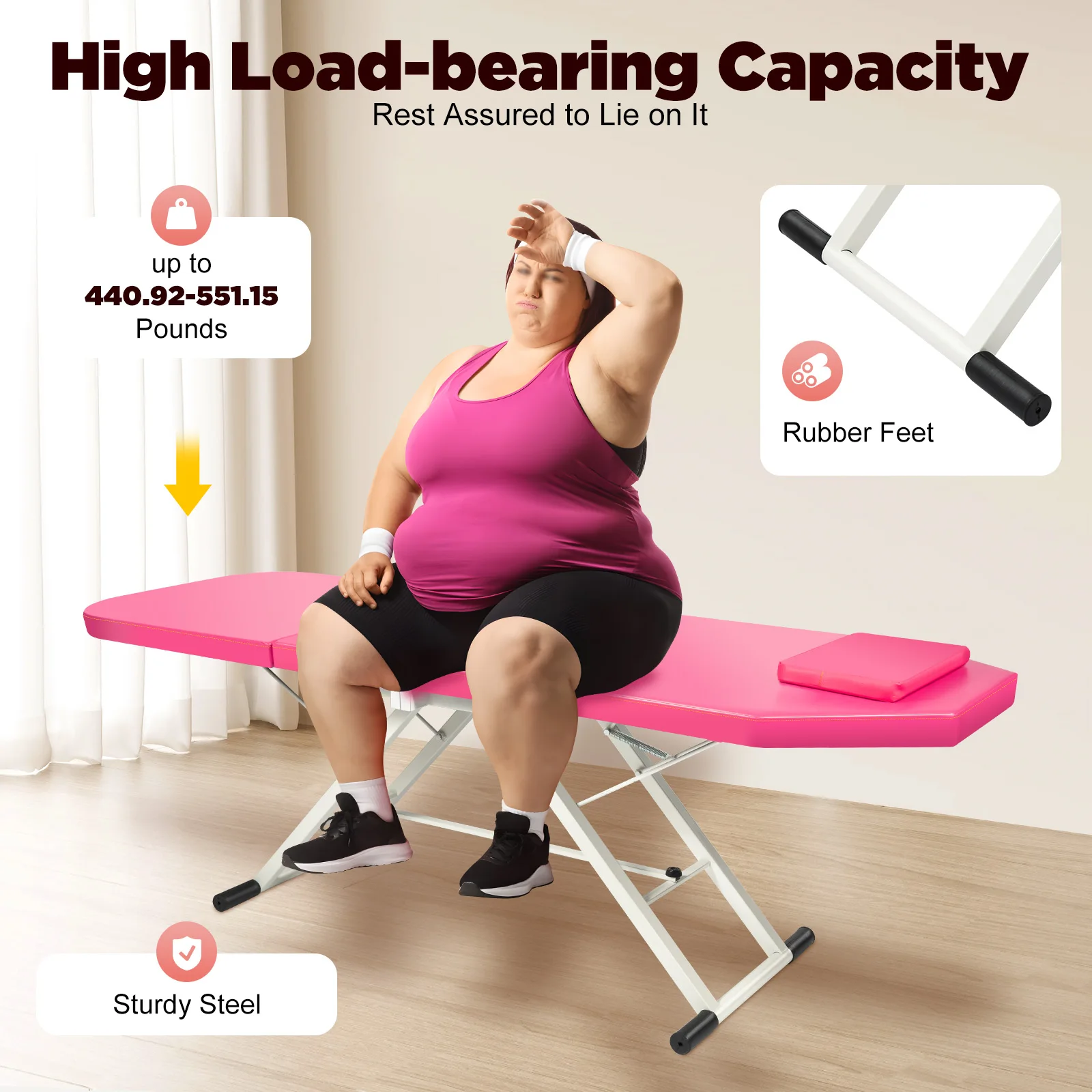 Table de massage pliable portable à 3 sections, lit de beauté réglable rose, haute capacité de charge pour salon de massage, spa, institut de beauté