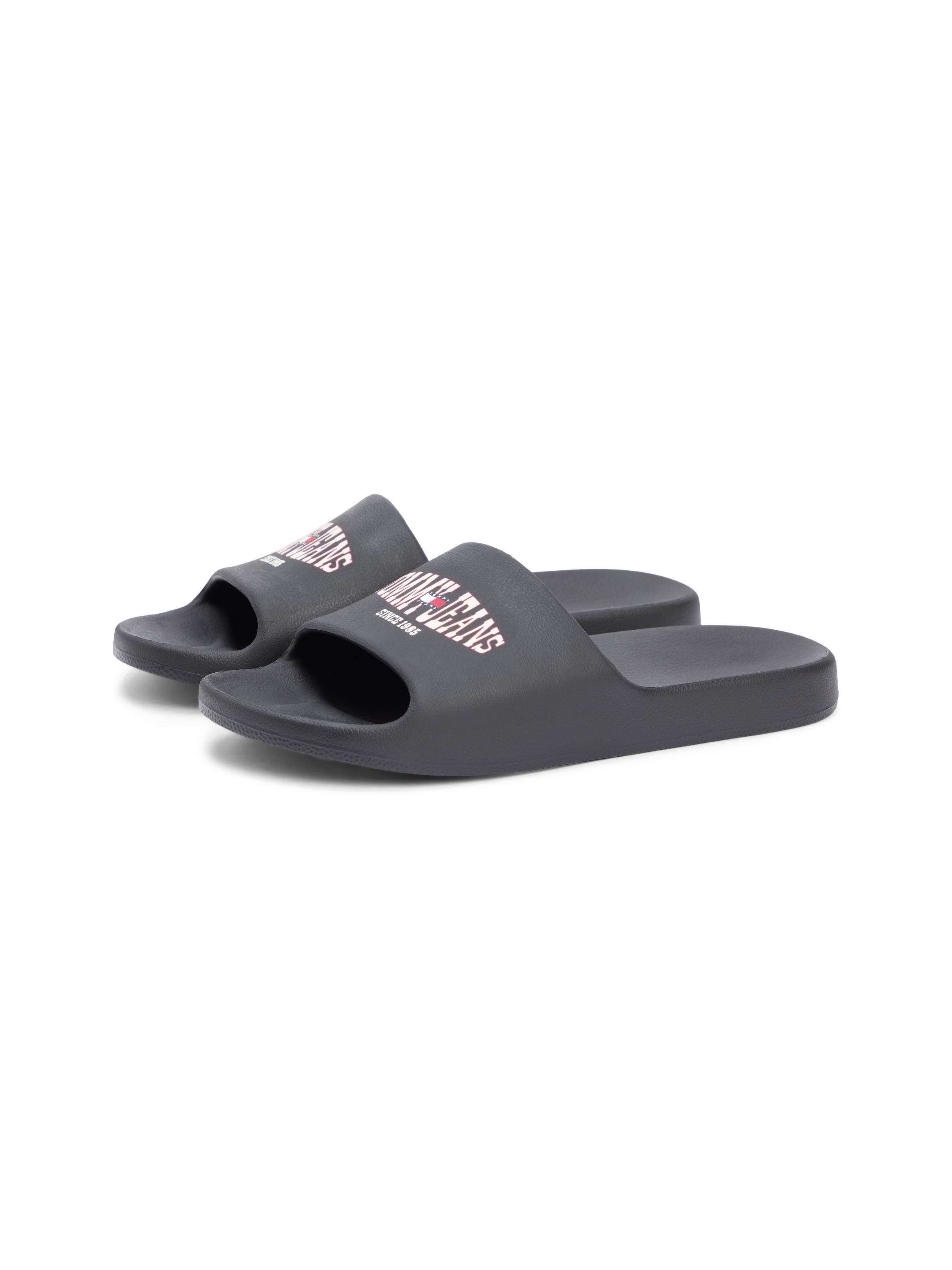 Pantolette TOMMY JEANS "TJM INJECTED SANDAL", Herren, Gr. 42, schwarz, Synthetik, unifarben, Basic, Schuhe Pantolette, Sommerschuh, Strandschuh, Flat mit Logoemblem - in schmaler Form