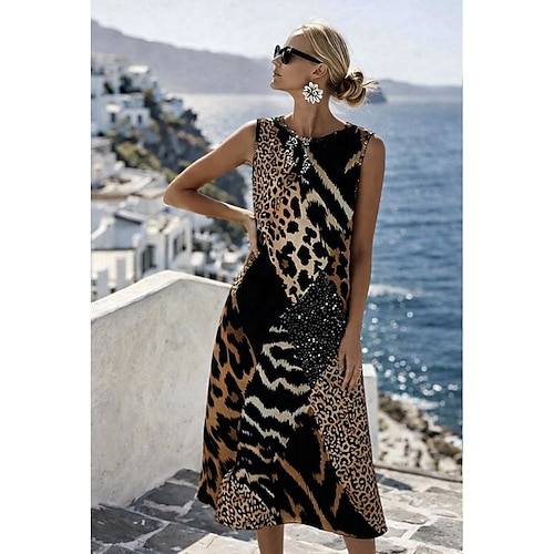 Damen Midikleid Shiftkleid Sommerkleid A Linie Kleid Urlaub Lässig Boho Strand Ausgehen Normale Passform Grafik Tiermotiv Geometrisch Ärmellos Rundhalsausschnitt Schwarz Sommer Frühling