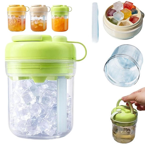 3-in-1-Eiswürfelform für Wasserflaschen mit Strohhalm Deckel, tragbarer, berührungsloser Eiswürfelbehälter, wiederverwendbare Aufbewahrungsflasche, leicht zu lösende Silikon-Eiswürfelform für Image