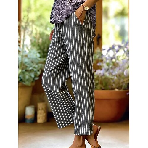 Damen Hose in Leinenoptik Weites Bein Freizeithose Sommerhose Urlaub Mode Streetwear Knöchellang Mittlere Taille Grafik Gestreift Tasche Elastischer Bund Druck Bequem Komfort Atmungsaktivität Image