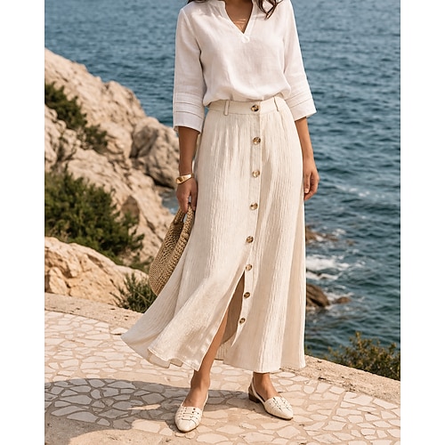 Damen Rock aus Leinenimitat Mode Küsten-Oma-Stil Lässig Sommer Maxi Mittlere Hüfthöhe Röcke Einfarbig Unelastisch Täglich Strand Schwarz Weiß Marinenblau Orange Sommer Image