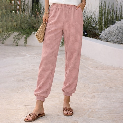 Damen Hose Freizeithose Jogginghose Waffelhose Urlaub Mode Alltagstauglich Volle Länge Hohe Taille Einfarbig Einfach Tasche Elastischer Bund Komfort Weich Atmungsaktiv Mikroelastisch Outdoor Image