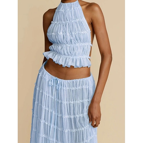 Damen Zweiteilige Sets Rock-Sets Ärmellos Neckholder Einfarbig Einfach Patchwork Mode Streetwear Lässig Täglich Outdoor Blau Schwarz Gelb Sommer Normale Passform Image