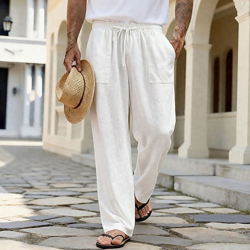 Herren Leinenhosen Hose Sommerhose Strandhose Kordelzug Tasche Gerader Schnitt Einfach Komfort Atmungsaktiv Volle Länge Täglich Outdoor Streetwear Urlaub Mode Blau Weiß Unelastisch Image