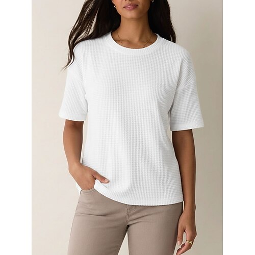 Damen T Shirt T-Shirt Waffelstricktops Einfarbig Grafik Einfach Klassisch Modern Lässig Kurzarm Rundhalsausschnitt Rundhals Normale Oberteile Lässig Täglich Ausgehen Weiß Gelb Rosa Orange Leicht Blau Image
