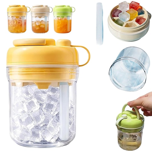 3-in-1-Eiswürfelform für Wasserflaschen mit Strohhalm Deckel, tragbarer, berührungsloser Eiswürfelbehälter, wiederverwendbare Aufbewahrungsflasche, leicht zu lösende Silikon-Eiswürfelform für Image