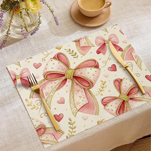 Tischset aus Polyester mit rosa Schleifenmuster, waschbar, rutschfest, strapazierfähig und hitzebeständig, für den Esstisch geeignet, modernes Wohnaccessoire, saisonal verwendbar für Frühling, Sommer, Image