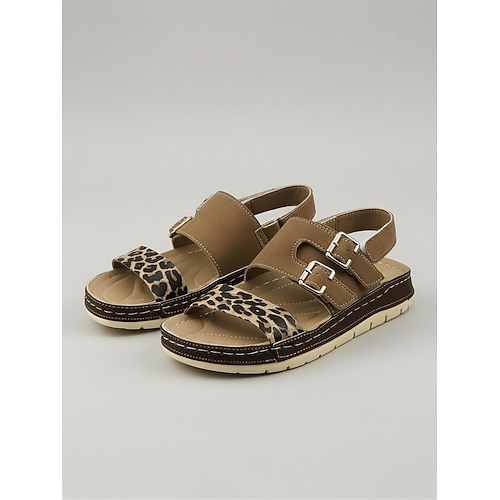 Bequeme, flache Sandalen mit Leopardenmuster für Damen, lässige Sandalen mit doppeltem Schnallenriemen und gepolsterter Sohle, bequeme, offene Sommerschuhe zum Spazierengehen und für den Alltag Image