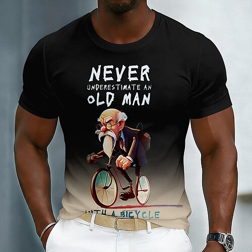 Unterschätze niemals einen alten Mann mit Fahrrad! Lustiges Herren-T-Shirt mit 3D-Cartoon-Grafik und Radfahrermotiv, Kurzarm, Rundhalsausschnitt, türkisfarbener Farbverlauf, lässiges T-Shirt,