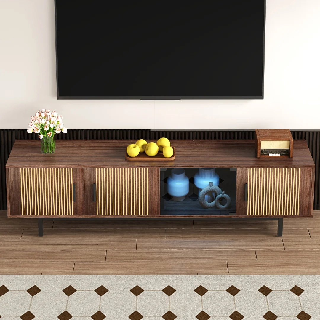 Meuble TV, meuble bas à texture sculptée, meuble TV avec bandes lumineuses LED et portes en verre trempé. Armoire de salon