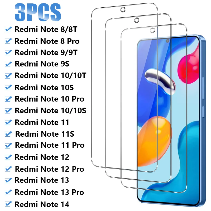 3PCS Vetro temperato per Xiaomi Redmi Note 10 9 8 Pro 10S 9S 10T 8T Protezione dello schermo per Redmi Note 11 12 13 14 15 Pro 11S 12S 5G