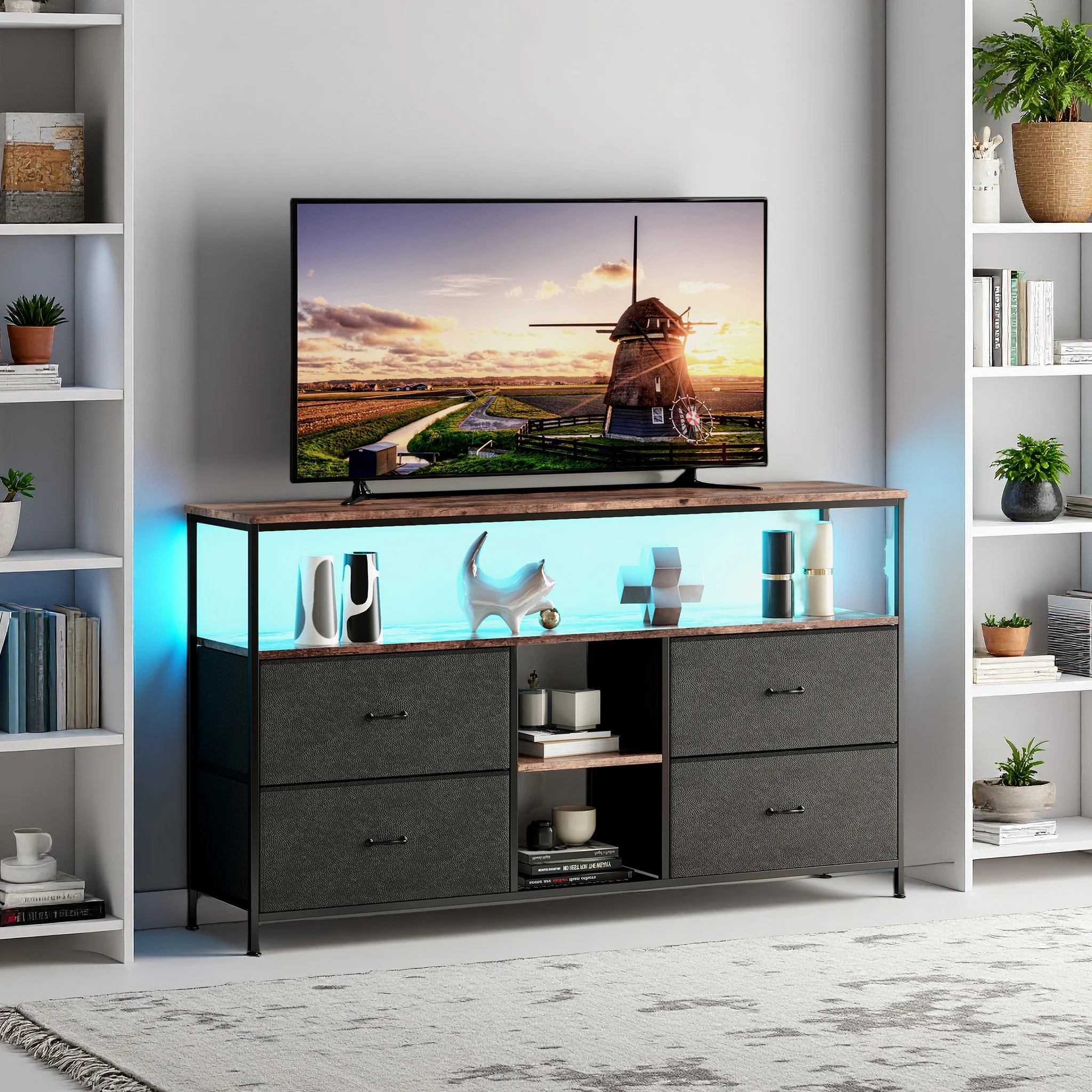 Comanlai 137cm TV-Schrank mit 4 Schubladen und LED-Beleuchtungsstreifen, Stauraum, Stoffschubladen, Schlafzimmer, Fernsehtisch Image
