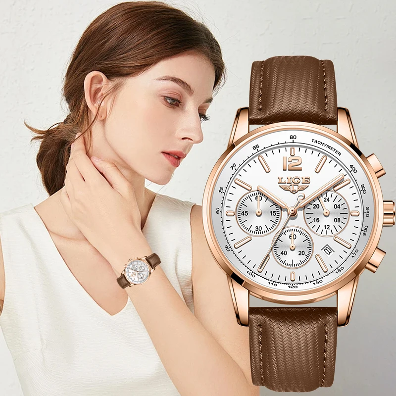 LIGE Elegante Retro-Quarzuhr für Damen, modisch, klassisch, lässig, sportlich, schlicht, mit Datumsanzeige, Armband, wasserdicht, leuchtend, Damen-Armbanduhr Image