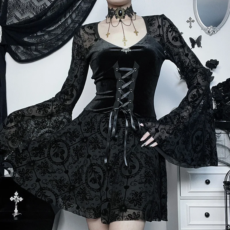 KIDCRKJ Elegante Vintage Gothic Samtkleider im Grunge-Punk-Stil, beflocktes Bandage-Kleid für Damen mit ausgestellten Ärmeln, Party-Alt-Outfit Image