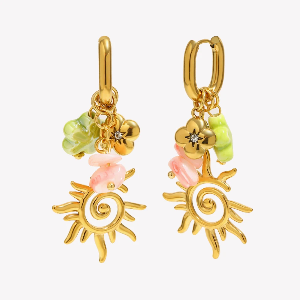 E.B.belle Liebliche Kleine Emaille-Ohrringe mit Rosa-Grünen Blumen und Quasten, Ausgehöhlter Sonnen-Sommer-Stil Schmuck-Dekoration