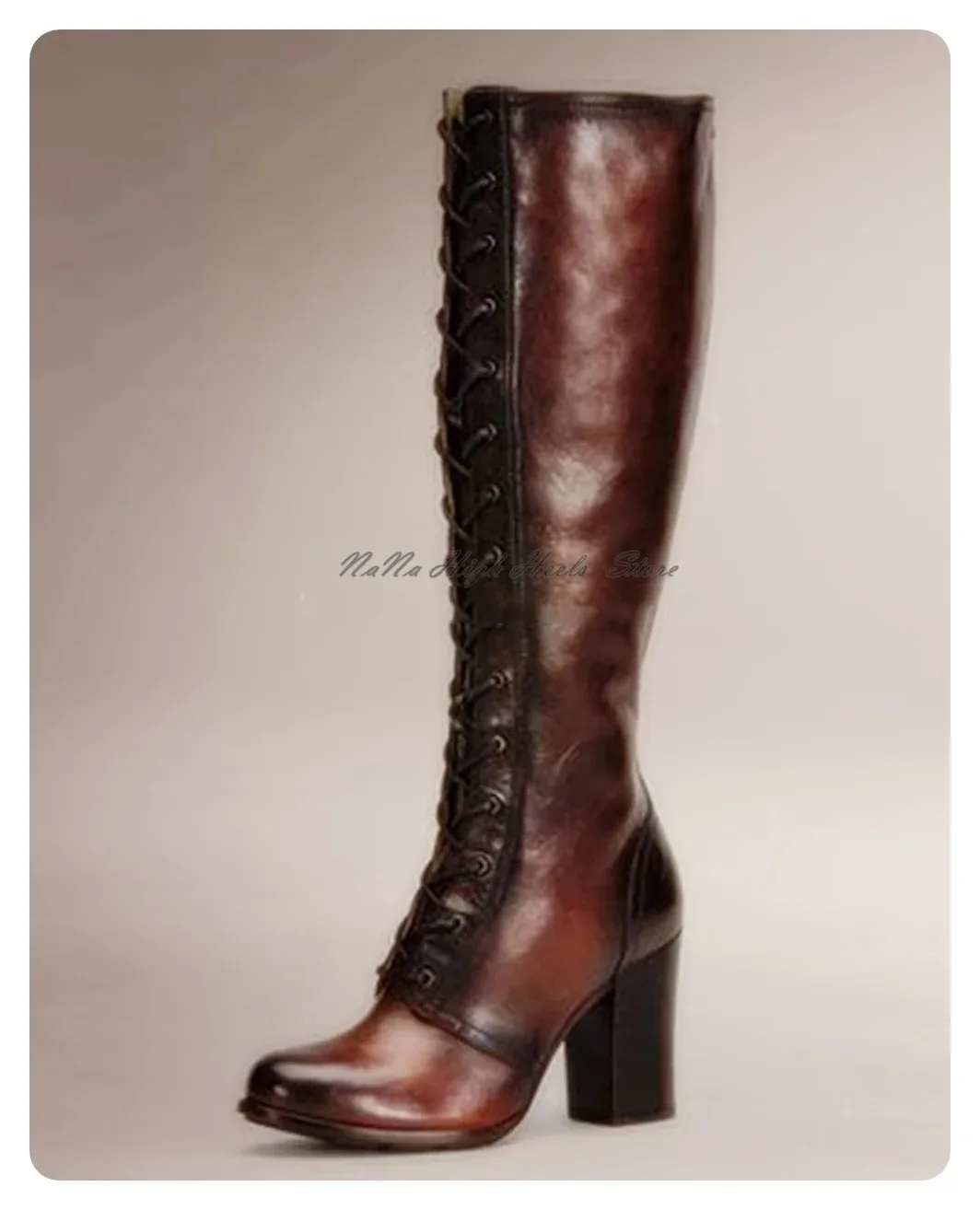 Gladiator Schnürstiefel mit Runder Spitze Kniehohe Stiefel Modische Damen Chunky High Heel Kleid Luxus Lederstiefel Sexy Damenschuhe