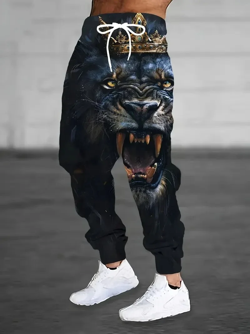 2025 Neue Herren Casual 3D Weißer Wolf Print Jogginghose 100% Polyester Leicht Dehnbar mit Kordel und Tasche Sporthose im Casual-Stil