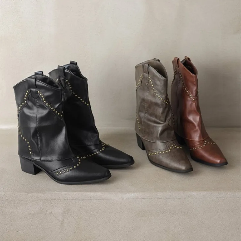 2024 Wasteland Style Vintage Hosenbeine Western Boot Schwarz Kniehohe Stiefel Damen Braun Maillard Nieten Punk Winterschuhe