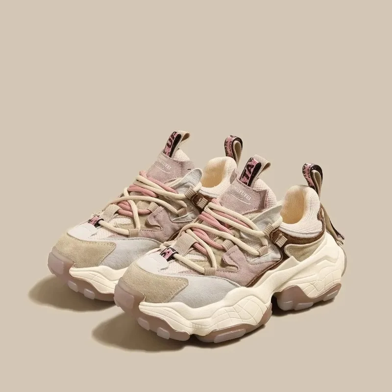 Echtes Leder Erhöhte Papa Schuhe Frühling Herbst Casual Dicken Sohlen Frauen Sport Schuhe Vulkanisierte Schuhe