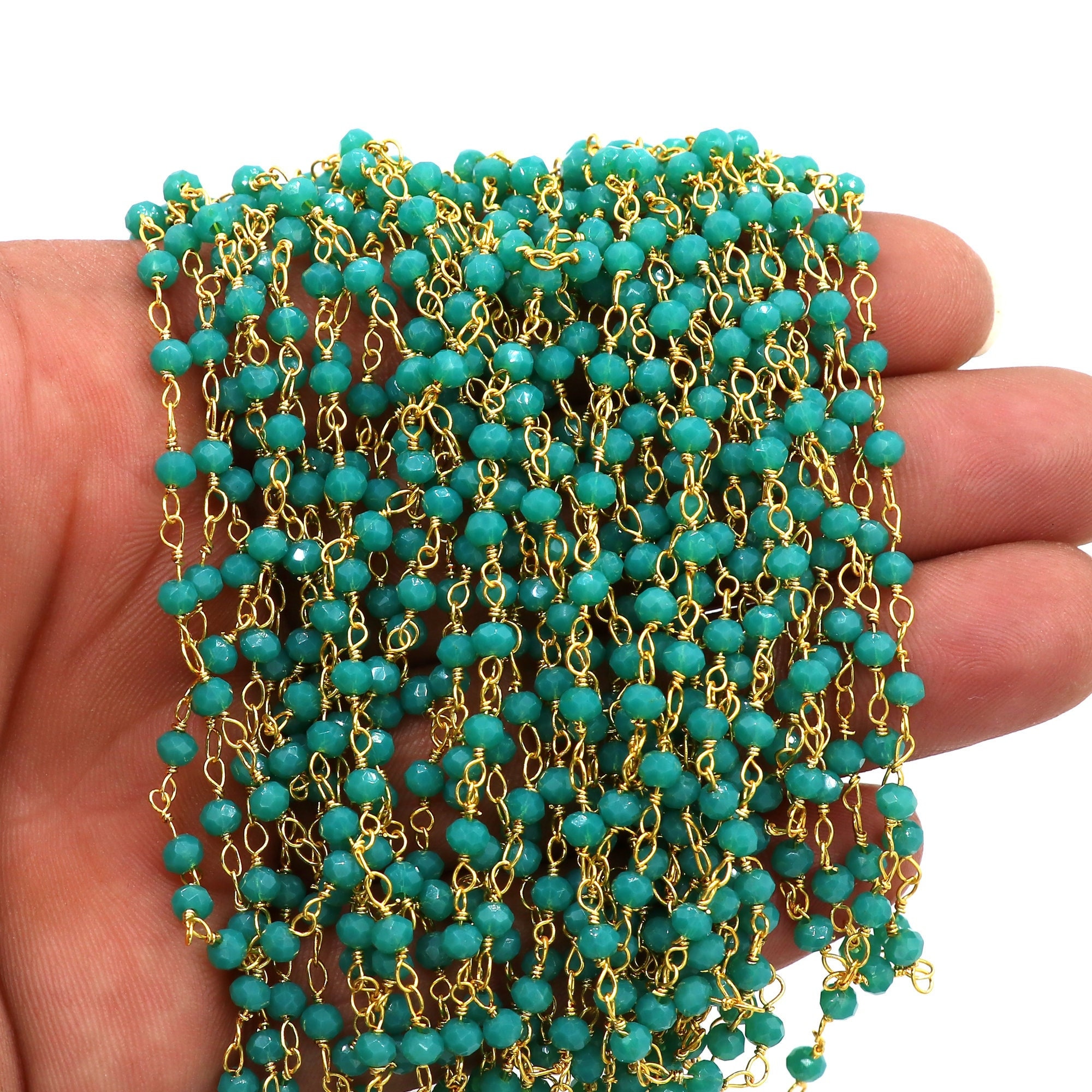 Chrysoprase Beaded Rosary Chain, 3mm, Hydro Rondelle, Gold Plated Wire Wrapped, Handmade Rosary, Chain By Feet, Bulk Roll, Craft For Chain